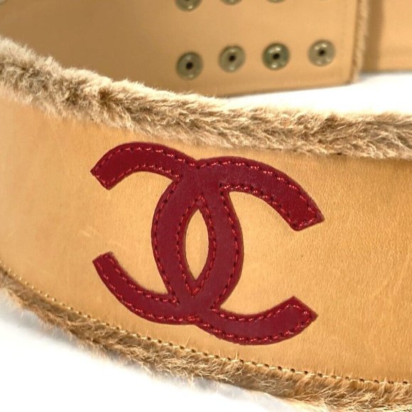 CHANEL CC CC Mark belt Leather / Pony-Hair Beige/RedBased - Picture 3 of 10